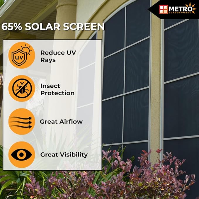 Custom Solar Screens for Windows Exterior 65% Shade - Pre-Framed Solar Window Screen Mesh - Home Improvement for Reduced Glare & Heat - 65% UV & Insect Blocker - Fully-Assembled & Ready to Install