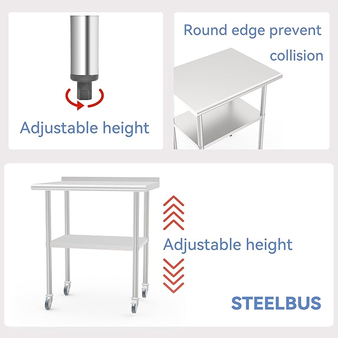 24x30 Inch Stainless Steel Work Table with Backsplash and Undershelf, Casters, Commercial Prep Table, Heavy Duty Kitchen Workbench, NSF Certified