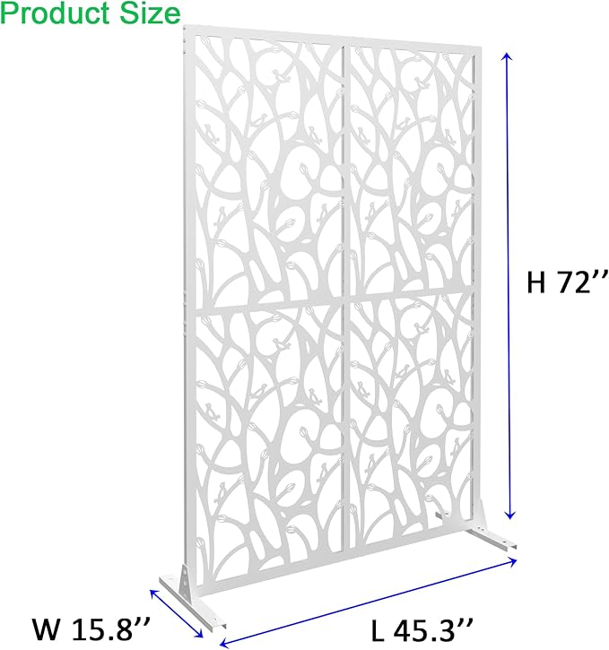 Metal Privacy Screen Room Divider 72" H x 45.3" W, Free Standing Decorative Panel with Bird Design for Indoor Outdoor Use, Black Iron Partition for Patio Balcony Garden (Bird White)