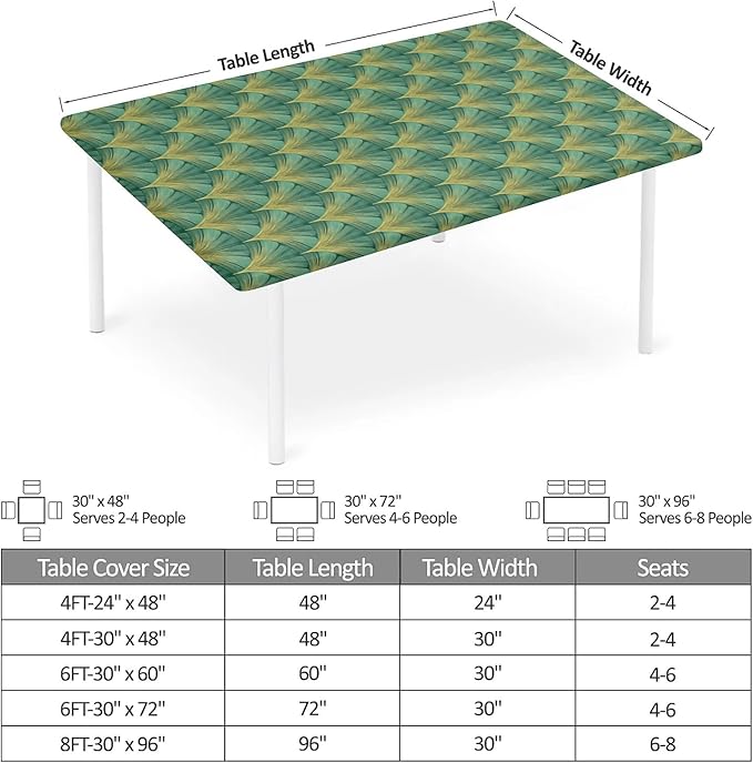 Rectangle Table Cloth Cover Waterproof Elastic Fitted Polyester Fitted Tablecloths for 6 Foot Tables for Indoor,Picnic, Camping, Outdoor （72" x 30"，Green Sector Geometry）