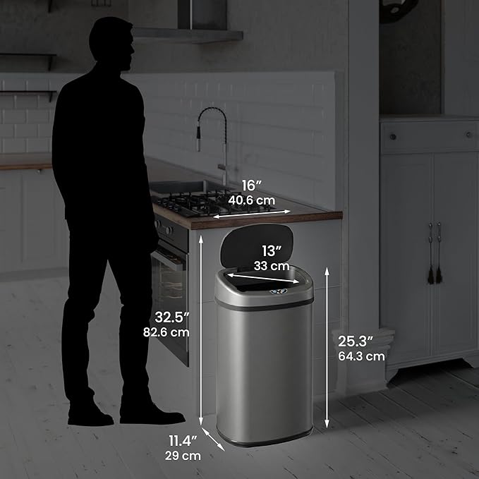 iTouchless 13 Gallon Automatic Sensor Trash Can with Lid, AbsorbX Odor Control System, Gunmetal Gray Stainless Steel Kitchen Garbage Bin, Fingerprint-Proof, Hands-Free Operation, Oval