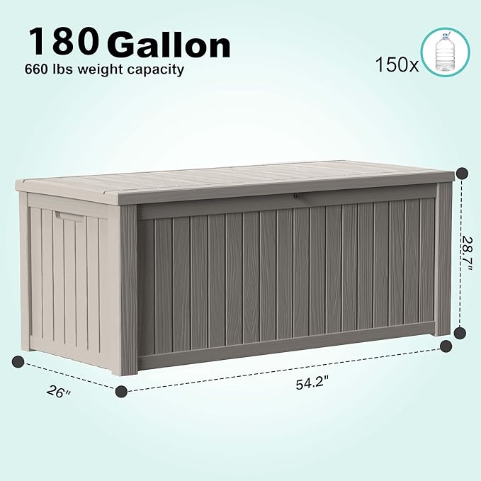 EasyUp 180 Gallon Outdoor Storage Box, Resin Waterproof UV-Resistant Deck Box with Hydraulic Lid Support, Reinforced Stability for Patio, Garden, and Poolside, Gray