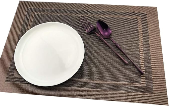 Gugrida Placemats Set of 6 Plaid Checkered Brown PVC Placemat for Dining Table Durable Woven Vinyl Stain tablemats 18"X12"