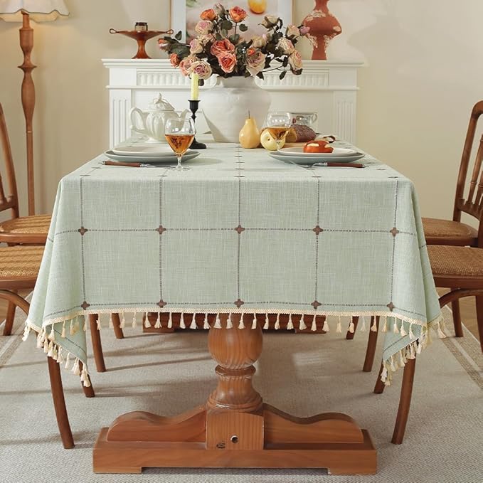 Pahajim Rustic Linen Tablecloth Cotton Rectangle Table Cloth for Kitchen Dining with Tassel Plaid Waterproof Tablecloths Rectangle/Oblong,55''x71'',4-6 Seats