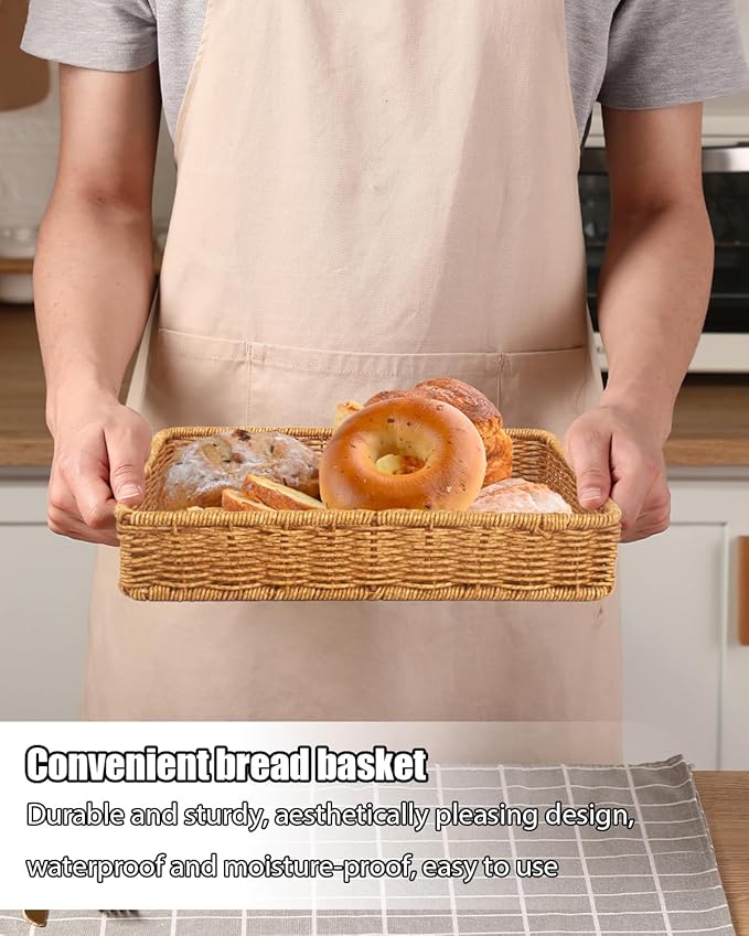 Woven Bread Basket, 3 Pack Wicker Fruit Baskets Rattan Bread Basket Poly Wicker Bread Baskets With Handles For Food Serving, Display, Vegetables, Home Kitchen, Restaurant, Outdoor (Rectangle set)