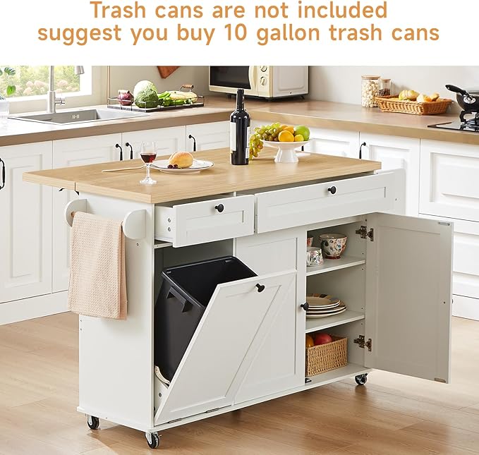 60" Kitchen Island with Power Outlet & Drop Leaf, Kitchen Rolling Island with Spice Rack & Towel Rack, Knife Holder, Kitchen Island Cart with Trash Storage Cabinet, Mobile Island Table for Kitchen
