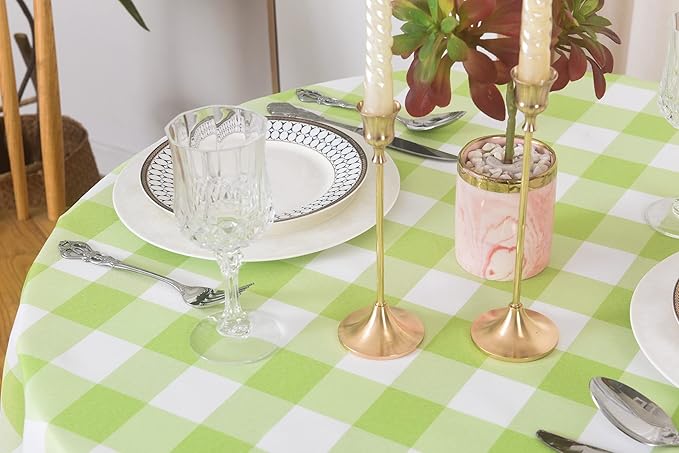 2 Pack Waterproof Polyester Fabic Round Checkered Tablecloth，60 Outdoor Table Cloth，Oil Stain Prevention Table Cloth for Pinics and Parties（Emerald and White）