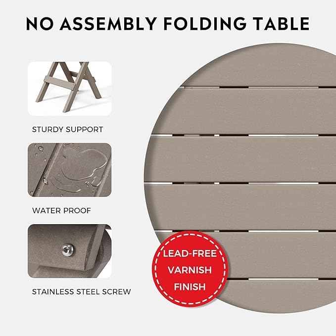 Costaelm Paradise HDPE Outdoor 24.5 Inch Round Portable Folding Patio Dining Table, Weathered Wood