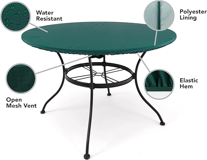 Covermates Classic Round Table Top Cover – All-Weather Outdoor Table Protection, Water-Resistant Vinyl, Elastic Hem, Mesh Vents, Patio Furniture Cover, Round 54-60 DIAMETER, Green