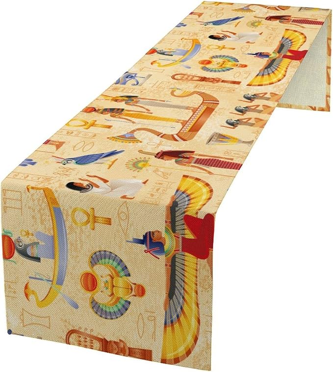 Egypt Table Runner, Ancient Egyptian Mythology Gods Hieroglyphic Elements Retro Farmhouse Table Runner for Home Kitchen Dining Party Indoor Outdoor 13x70in