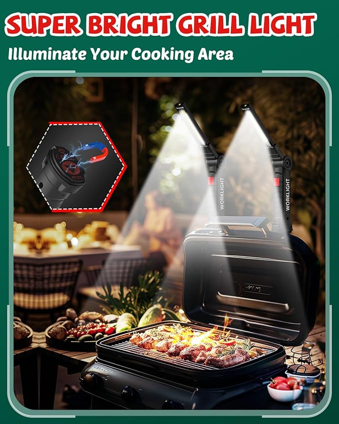 Coquimbo Mens Valentines Day Tool Gifts for Him Boyfriend Husband, Rechargeable LED Work Light BBQ Grill with Magnetic Base Hook, 360° Rotate Mechanic Flashlight Dad Birthday Gifts (2 Pack Black)