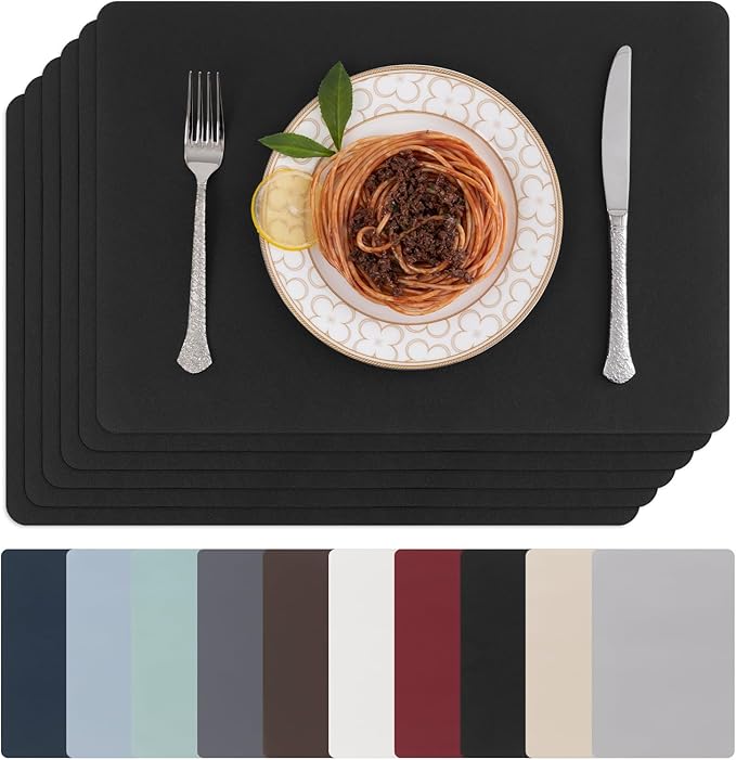 SHACOS Placemats Set of 6 Faux Leather Waterproof Leakproof Wipeable PU Non-Slip Vinyl Place Mats Heat Resistant Table Mats for Kitchen Dining Table Indoor Outdoor, Black