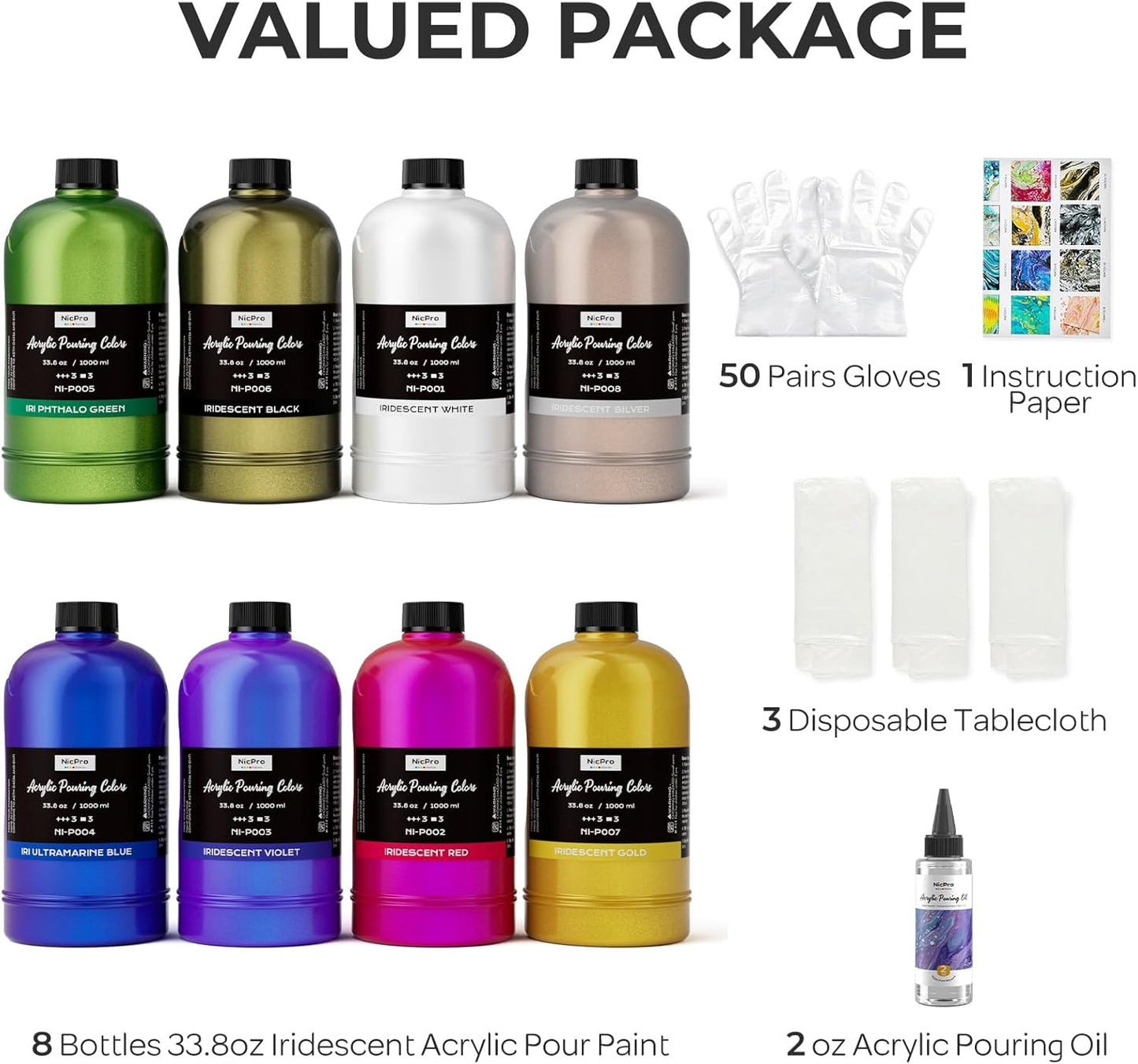 Nicpro 8 Colors 33.8 oz Large Bulk Iridescent Acrylic Pouring Paint Supplies Kit, Premixed High Flow Art Pour Paint with Silicone Pour Oil, Gloves, Tablecloths for Beginner DIY, Ready to Pour