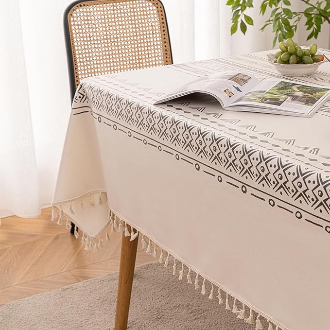 Waterproof Tassels Tablecloth, Bohemian Orange Colorful Table Cloth,White Black,Rectangle for 8 Foot,Fall Summer Dining Table Cover,Mexican,Indoor Outdoor,Farmhouse,Cute Vintage,Cotton