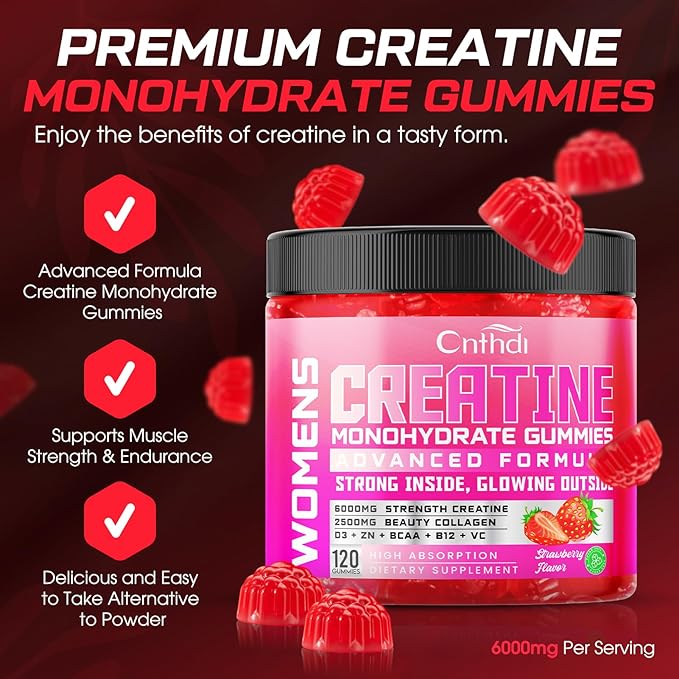Creatine Monohydrate Gummies 6000MG Pre-Workout for Women, Sugar Free Creatine Gummies with Collagen, BCAA 2:1:1for Muscle Support, Enhance Strength & Booty, Non-GMO, Gluten-Free, 120 Counts