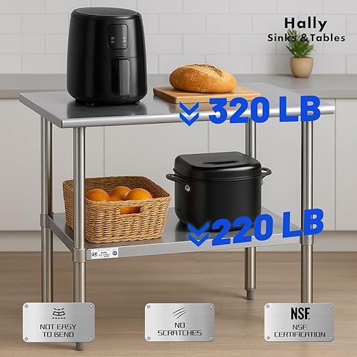 Hally Stainless Steel Table for Prep & Work 14 x 36 Inches, NSF Commercial Heavy Duty Table with Undershelf and Galvanized Legs for Restaurant, Home and Hotel