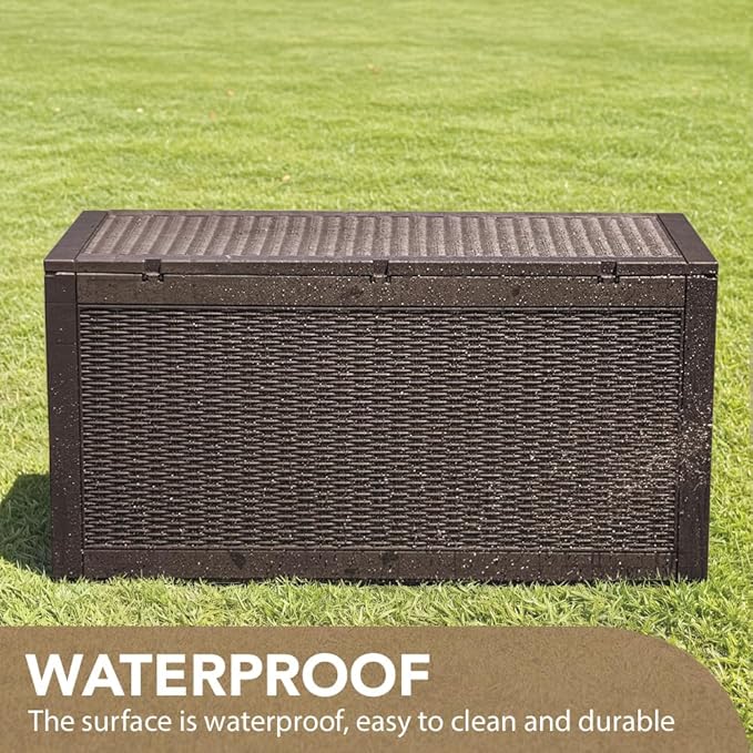 Devoko 95 Gallon Deck Box Large Resin Outdoor Storage Box, Waterproof and UV Resistant Lockable for Outdoor and Patio, Large Storage Cabinet for Patio Furniture, Garden Tools and Pool Supplies, Brown