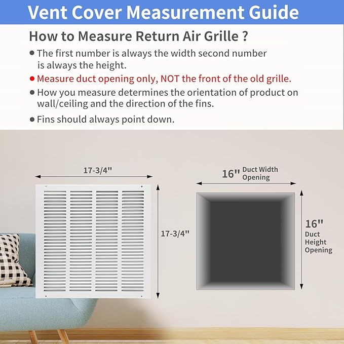 16"W x 16"H [Duct Opening Size] Steel Return Air Grille, Air Return Vent Cover for Ceiling and Sidewall - HVAC Air Vent Covers - [Outer Dimensions: 17.75"W x 17.75"H]