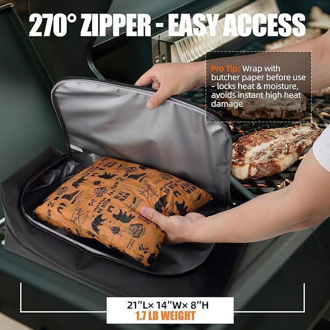 BBQ Blanket for Resting Meat, Leak-Proof Insulated Meat Resting Bag, 270° Top Opening for Large Briskets, Turkey, Washable Smoker Accessories Gifts for Men or BBQ Lovers - 21in