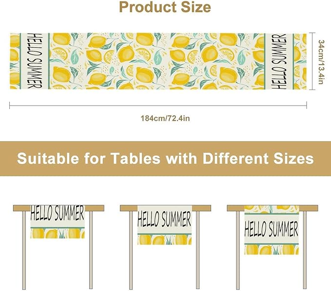 Spring Yellow Lemon Table Runner, Hello Summer Seasonal Exotic Fresh Fruits Plants Branch Leaves Print Table Cover for Farmhouse Kitchen Table Party Decor, 13x108inch