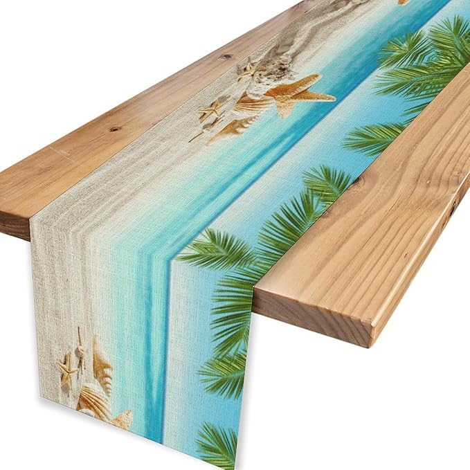 Summer Coastal Table Runner, Nautical Starfish Beach Seashell Ocean Tropical Palm Seasonal Coffee Table Center Decor for Home Kitchen Dining Patio Holiday Party Table Decorations 13"x108"