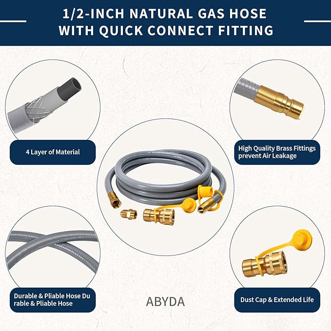 ABYDA 10Feet 1/2" ID Natural Gas Hose Low Pressure LPG Hose with Quick Connect -for BBQ, Grill, Pizza Oven, Patio Heater, and More - Propane to Natural Gas Conversion Kit - CSA Certified