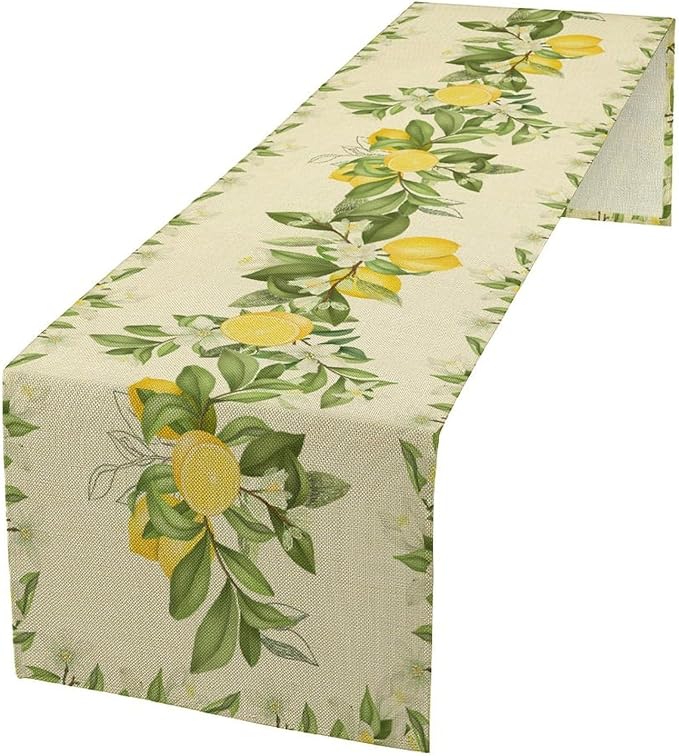 Summer Lemon Table Runner, Spring Blooming Lemon Tree Branches Bouquets Yellow Green Leaves Table Runner for Farmhouse Home Dining Kitchen Table Party Decor, 13x120inch