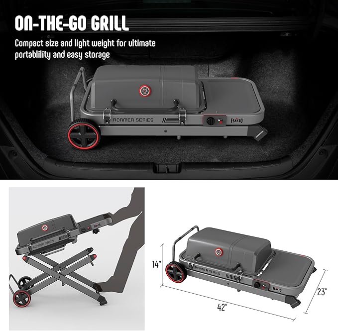 Portable Propane Gas Grill with Folding Cart & 13000 BTUs Burner, 360 Sq. In. Cast Iron Cooking Grates, Side Table, 8" Wheels, Stainless Grease Tray for Outdoor BBQ, Camping & Tailgating, Grey