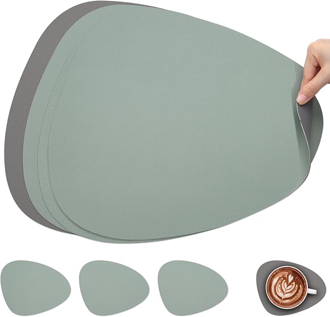 Myir JUN Placemats, Dual-Sided Placemats Waterproof Faux Leather Placemats Set of 6 Place Mats and Coasters Non-Slip Washable Table Mats for Dining Table (Gray Sage Green, Set of 4)