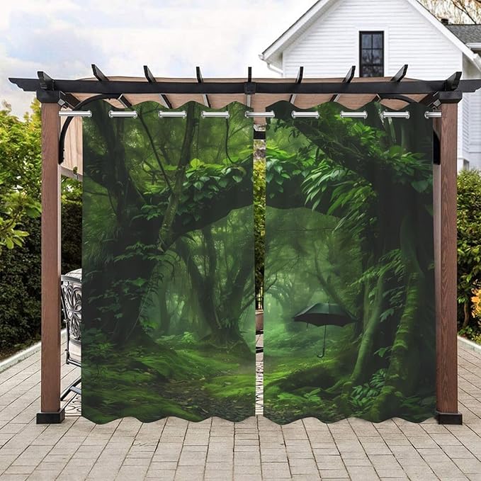 Nature Theme Outdoor Curtains for Patio Waterproof,Forest Pattern,Weatherproof Outside Curtain for Cabana, Porch, Pergola and Gazebo,Set of 2 Panels,W42 x L84,Green