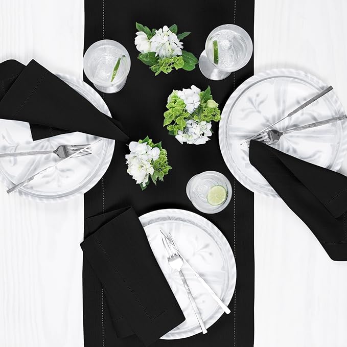 Solino Home Linen Table Runner 90 Inches Long - Classic Hemstitch 100% Pure Linen Black Dining Table Runner 16 x 90 Inch for Spring, Easter