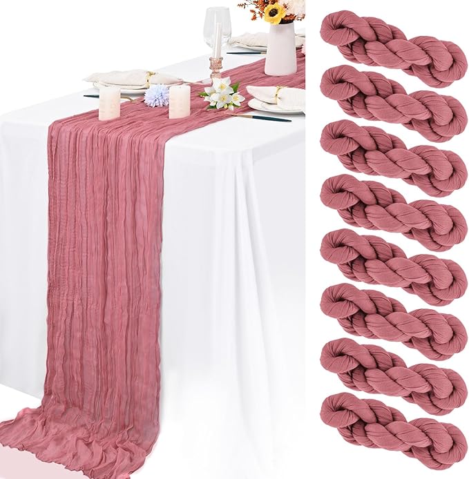 8 Packs Cheesecloth Table Runner 10FT Long Boho Gauze Fabric Table Runner Vintage Rustic Sheer Runners for Wedding Party Bridal Baby Shower Table Decorations (Dusty Rose)