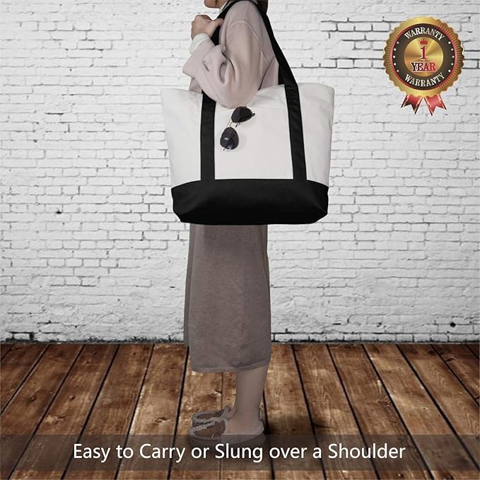 TOPDesign 3-Pack Canvas Tote Bags with an External Pocket, Reusable Grocery Shopping Bags, Top Zipper Closure, Daily Essentials (Black/Natural)