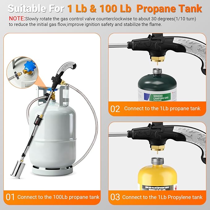 Sondiko Propane Torch Weed Burner with 10 FT Hose, High Output Weed Torch Flamethrower, 30" Detachable Long Arm Heavy Duty Blow Torch with Flame Control(PROPANE TANK NOT INCLUDED)