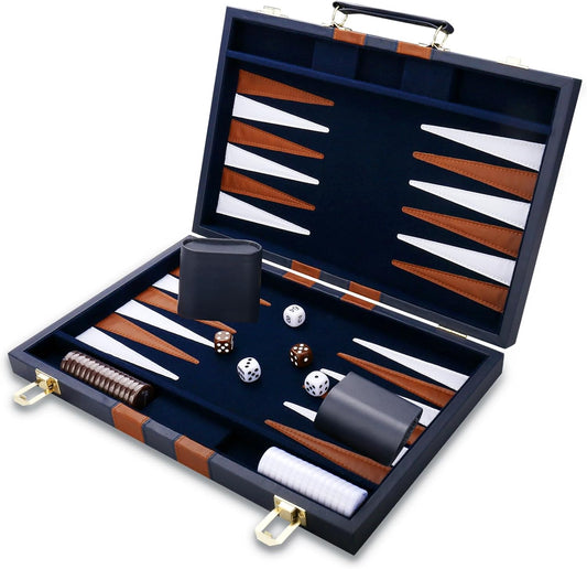 Backgammon Set - Classic Board Game with Premium Leather Case - Portable Travel Strategy Backgammon Game Set for Adults, Kids - Suitable as (11inch, Navy)