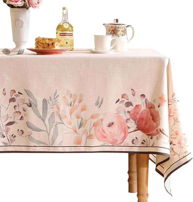 Linen Extra Long Rectangle Tablecloth,French Vintage Pink Floral Pattern Wrinkle Free Table Cloth,Decor Table Cover for Kitchen,Dining,Party,Thanksgiving,Christmas,67"*118"-Sloosa