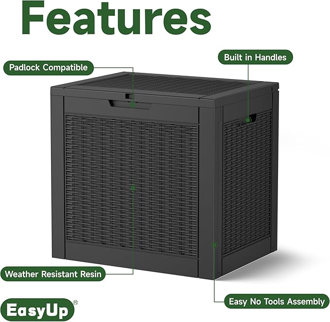 EasyUp 30 Gallon Resin Deck Box, Patio Outdoor Deck Box for Furniture, Garden Tools and Tools Storage, Waterproof Outside Storage Boxes(Black Off-site)