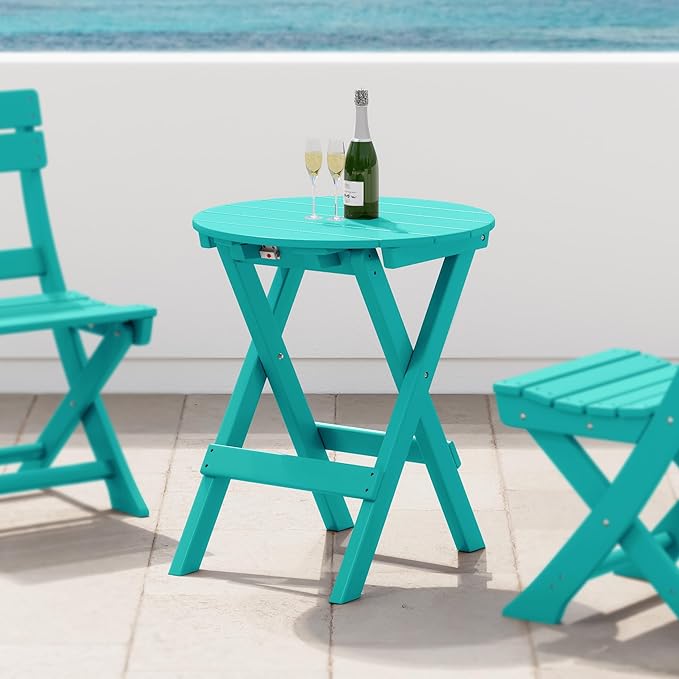 Costaelm Paradise HDPE Outdoor 24.5 Inch Round Portable Folding Patio Dining Table, Turquoise