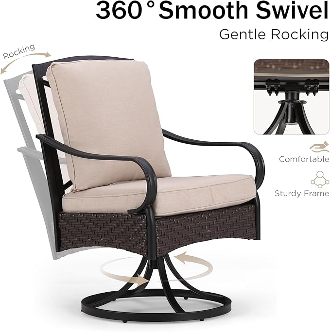 PHI VILLA 7 PCS Outdoor Dining Sets, All-Weather Patio Table and Chairs Set for 6, Heavy Duty Rectangle Patio Table Set for Deck, 6 Extra Large Outdoor Swivel Chairs with Thick Cushions