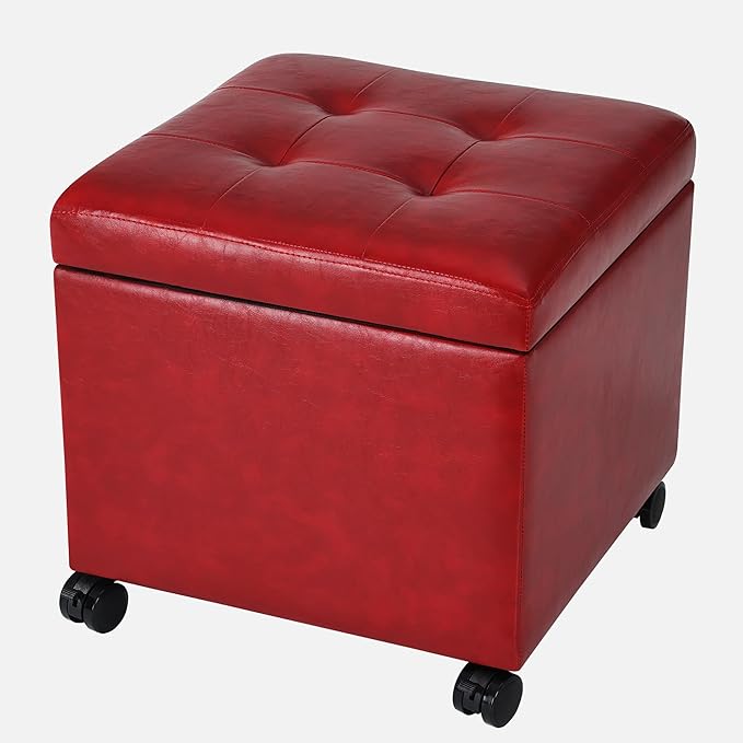 Homebeez Storage Ottoman Footrest Stool with Rolling Wheels, Red PU Leather Tufted Cube with Hinged Lid, 17.7" Multifunctional Furniture for Living Room, 300lb Capacity