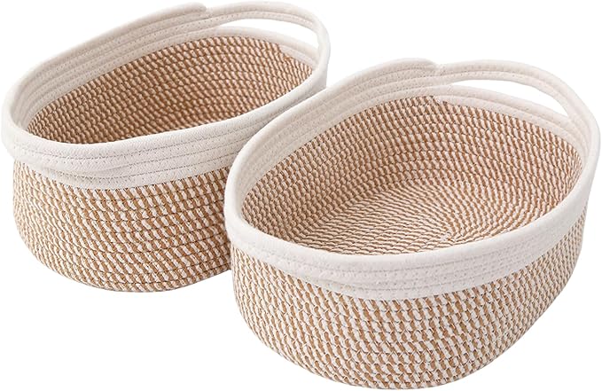 Woven Basket,Small Rope Storage Bin with Handles & Ribbon Bag, Organizer for Shelves Closets,Gift Basket Empty for Birthday,Books,Dog Toys, White&Brown Block/2 Pack
