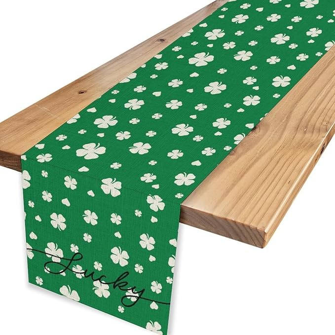 Clover Table Runner,Retro Rustic Green White Clover Seasonal Spring St.Patrick's Day Table Center Decor for Home Kitchen Dining Patio Holiday Party Indoor Table Decorations, 13"x36"