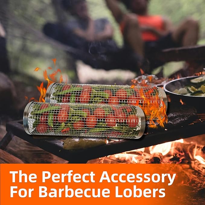 2PCS Grill Basket,Vegetable Grill Basket,Rolling Grill baskets for outdoor grill,grilling gifts for men,Grill Nets,Stainless Steel Grill Basket