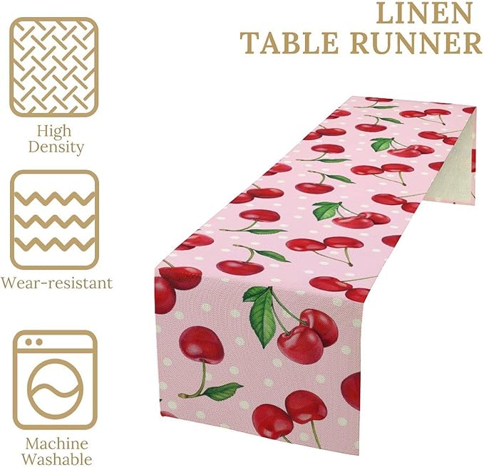 Red Cherry Table Runner, Tropical Fruit Polka Dot Print Table Runner for Birthday Party Dining Room Home Kitchen 13x120in