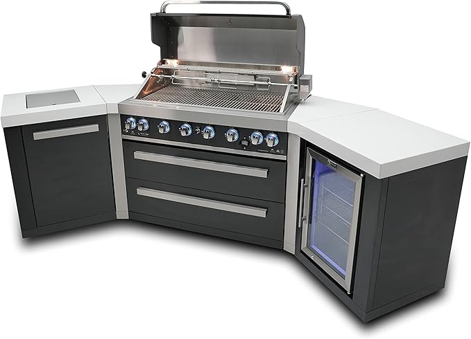 Mont Alpi MAi805-BSS45FC 44-inch 6-Burner 115000 BTU 45 Degree Black Stainless Steel Gas Outdoor Kitchen Bar Island Grill w/Fridge Cabinet + Infrared Side & Rear Burner
