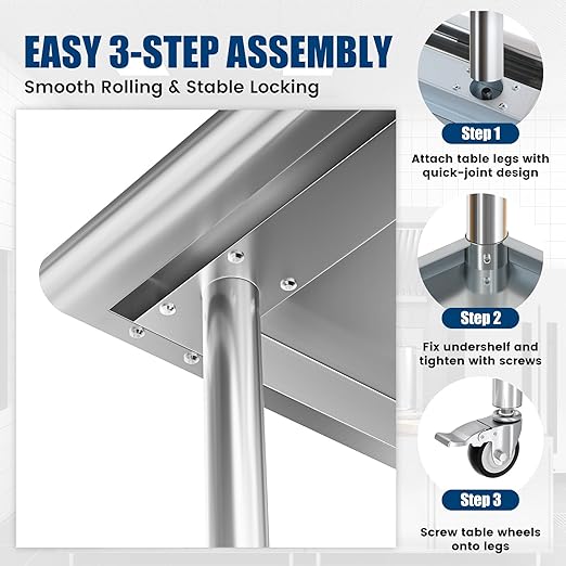 Stainless Steel Work Table with Wheels, 24x30 Inch NSF Food Prep Table with Backsplash & Adjustable Undershelf for Commercial Kitchen, Restaurant, Garage, Outdoor BBQ