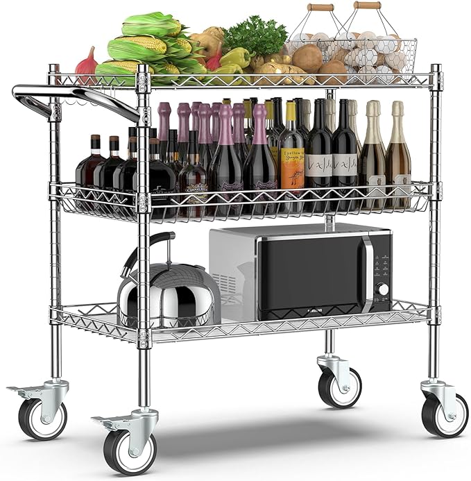 Leteuke 3 Tier Rolling Carts with Wheels, Heavy Duty Rolling Utility Cart,NSF Commercial Grade Metal Cart with Handle&Shelf Liner,Trolley Serving Cart for Kitchen,Restaurant,Plant Display,Chrome