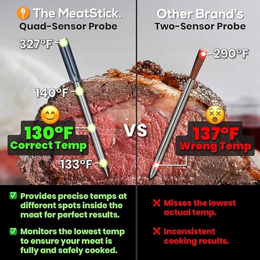 MeatStick 4X WiFi Bundle [4-Probe/Unlimited Range] | Quad Sensors Smart Wireless Meat Thermometer with Bluetooth | for Smoking, Grilling, BBQ, Air Fryer, Deep Frying, Oven, Sous Vide, Rotisserie