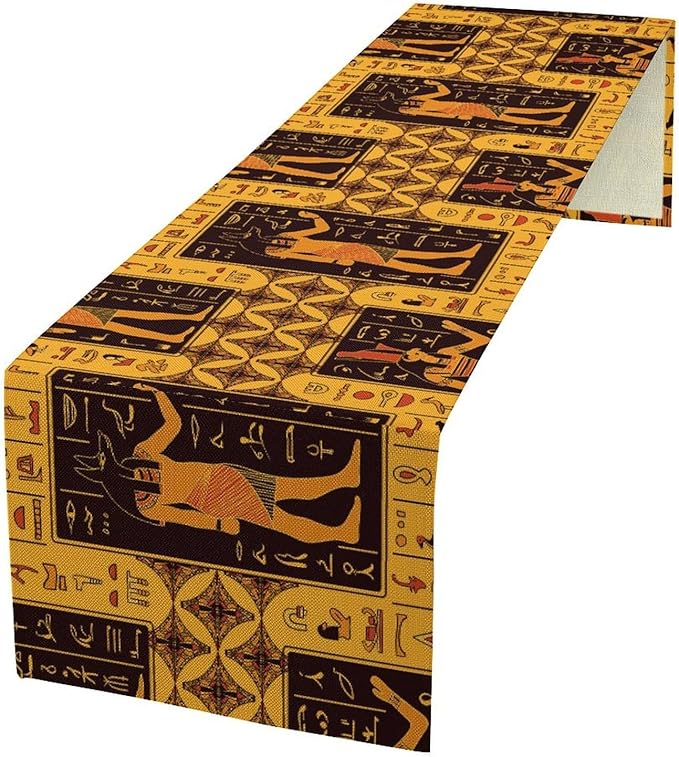 Retro Egypt Table Runner, Vintage Egyptian Gods Ancient Egyptian Hieroglyphs Table Runner for Kitchen Family Dining Holiday Party 13x70in