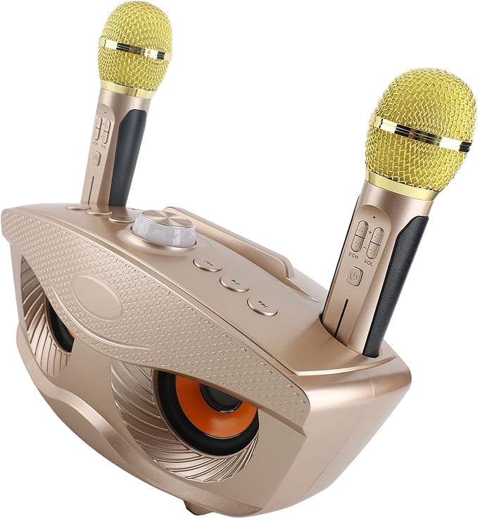Speaker, KTV Karaoke Speaker with 2 Microphones for Home Party, 3000mAh Battery 10M Wireless Connection AUX Input USB Support (Gold)